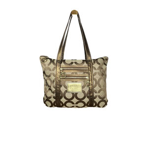 Coach Poppy Op Art Glam Tote 2009 Signature Canvas Bronze Leather Trim